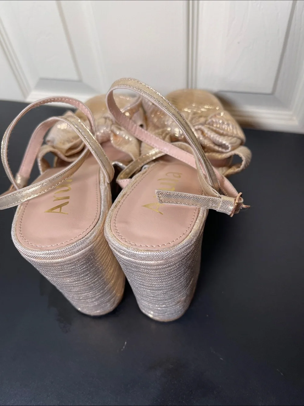 ARULA Shimmery Rose Gold Platform Knot-Front Sandals